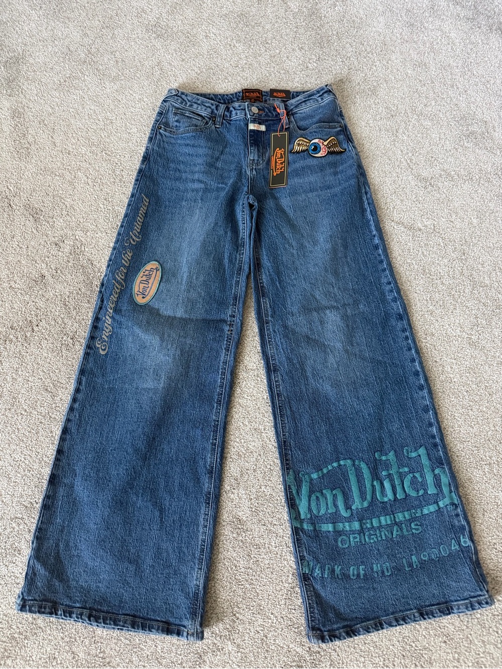 Von Dutch Blue Bootcut Jeans with Teal Logo Print
